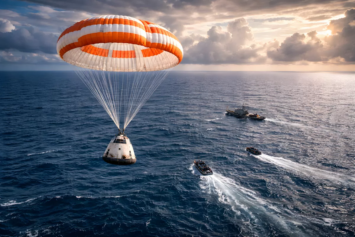 Raumkapsel landet mit Fallschirm im Ozean