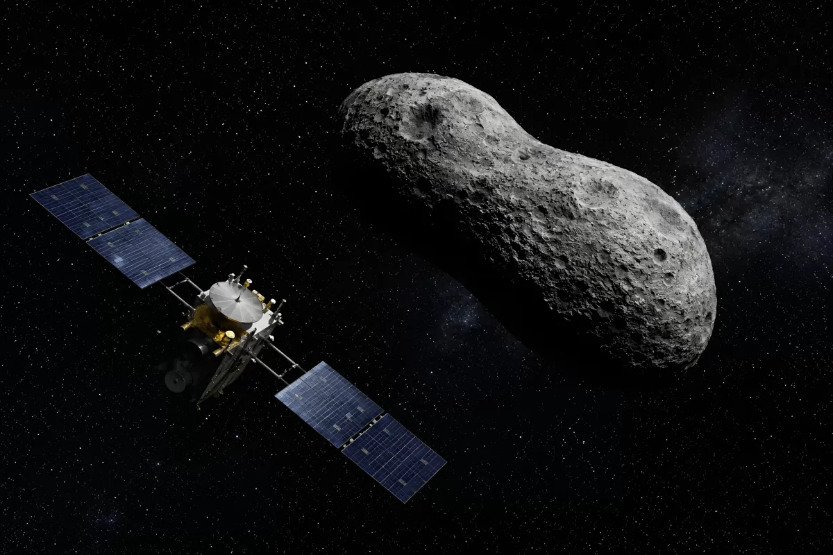 Raumsonde auf Kurs zu einem Asteroiden im All