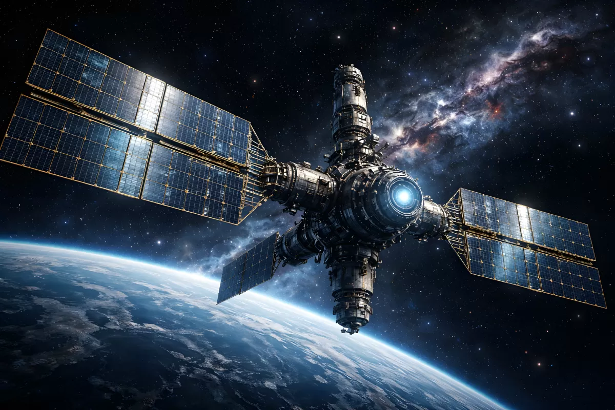 Raumstation mit Solarpanelen über der Erde im All