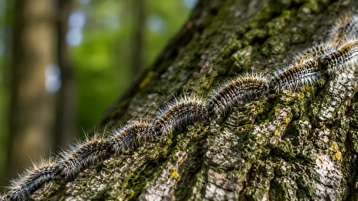 Raupenprozession auf Baumrinde im Wald