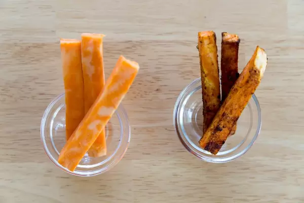 Raw and roasted sweet potatoes in tiny glass bowls