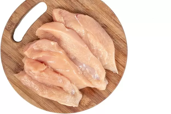Raw Chicken Breasts on the wooden board with copy space (Flip 2019)
