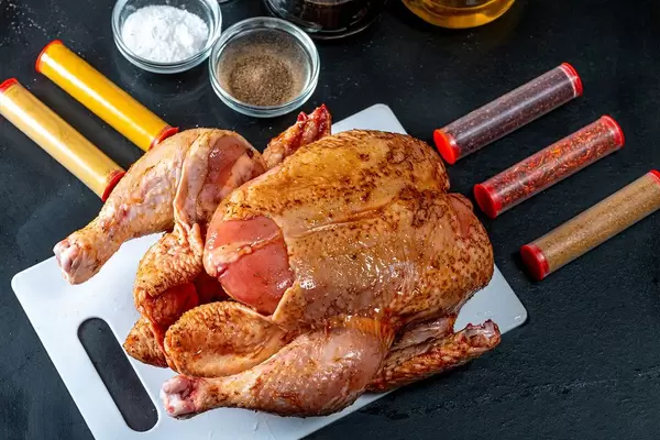 Raw chicken with natural spices on dark background (Flip 2019)