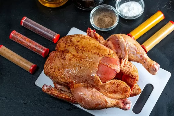 Raw chicken with natural spices on dark background