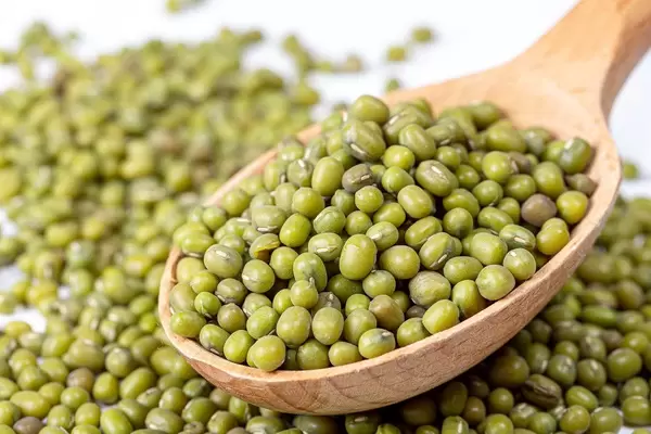 Raw mung beans in wooden spoon (Flip 2020)