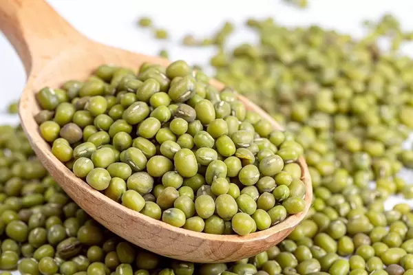 Raw mung beans in wooden spoon