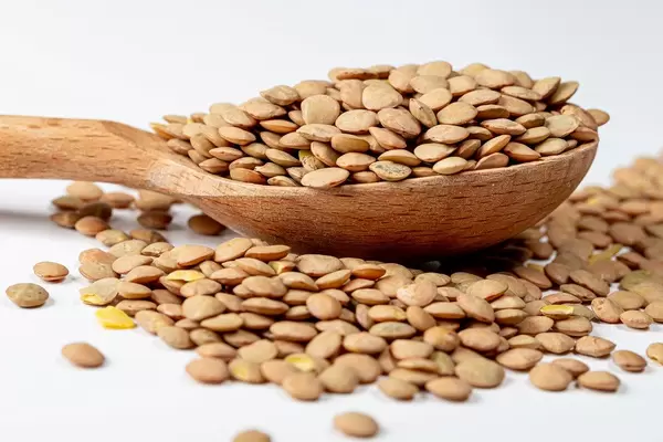 Raw pardin lentils in a wooden spoon (Flip 2020)