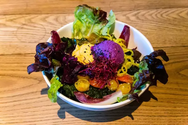 Raw Superbowl at Flax&Kale in Barcelona with salad, orange hummus, zucchini pasta, turmeric pesto, red cabbage Hummus and sprouts