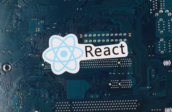 React logo over electronic circuit board background