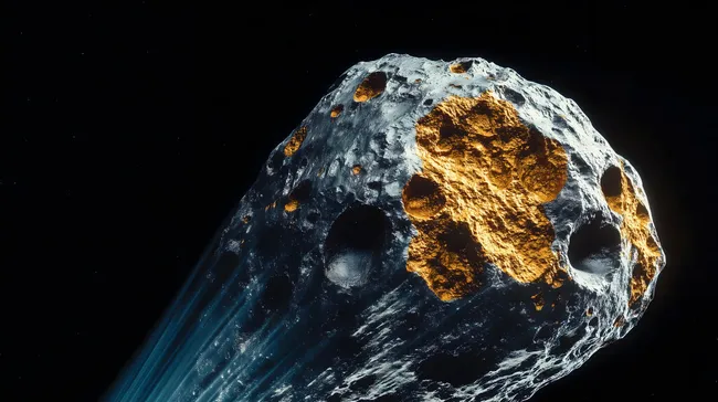 Realistischer, goldfarbener Asteroid im Weltraum