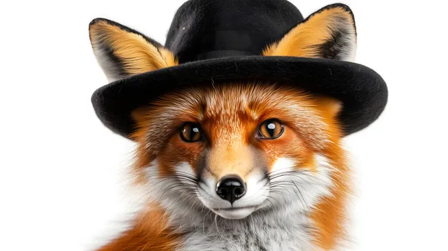 Realistischer Porträtfoto eines Fuchses mit Hut