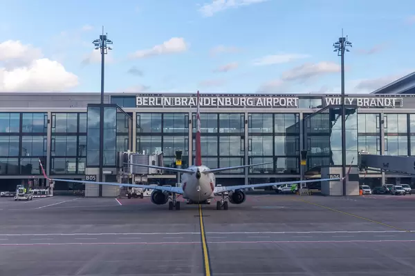 Rear view of commercial plane Boeing 737-800 parked at the apron area of Berlin airport BER