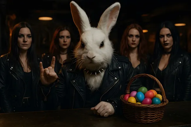 Rebellischer Osterhase im Lederlook mit Ostereiern