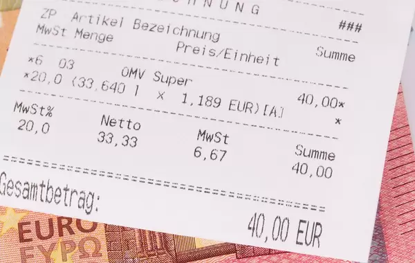 Receipt closeup on Euro money