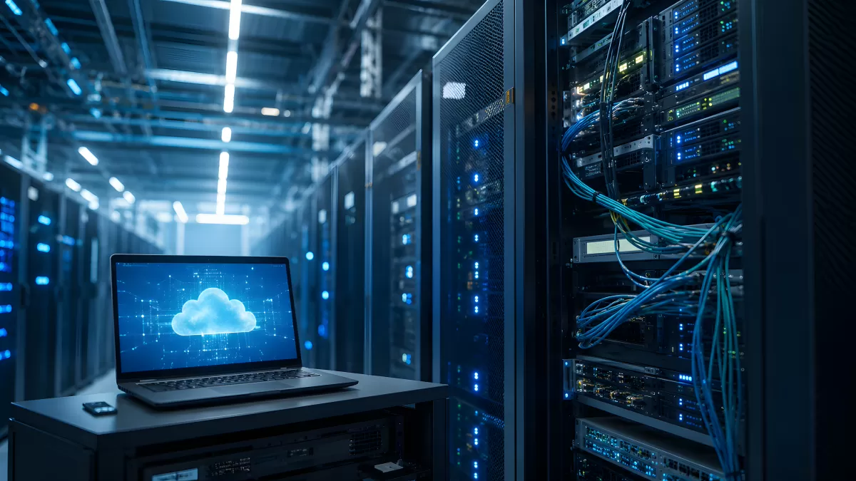 Rechenzentrum mit Laptop und Cloud-Visualisierung