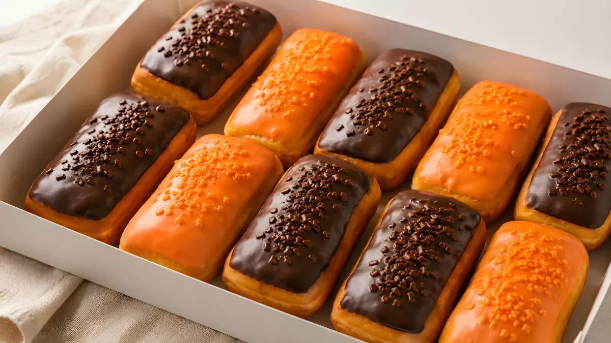 Rechteckige Donuts mit Schokoladen- und Orangenglasur