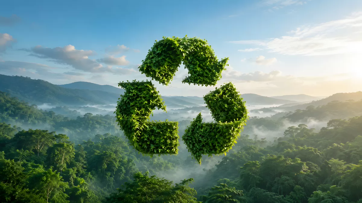 Recycling-Symbol aus Blättern über grünem Regenwald