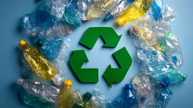 Recycling-Symbol umgeben von Plastikabfall