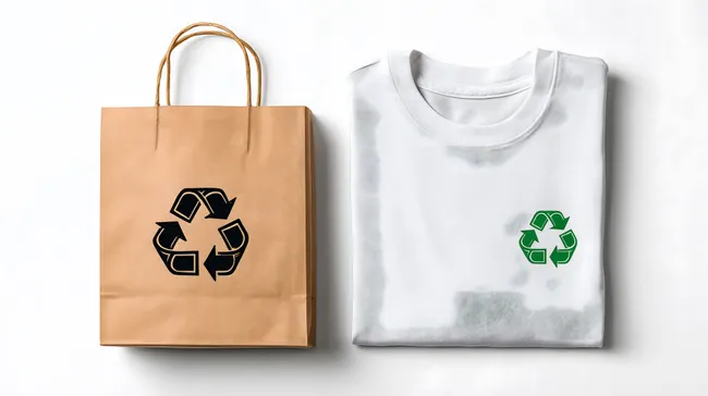 Recycling-Symbolik auf Papiertüte und T-Shirt