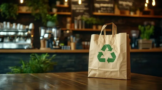 Recycling-Tüte in modernem Café-Interieur