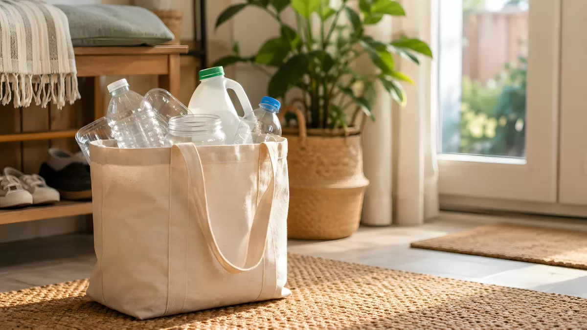 Recyclingflaschen in Baumwolltasche im Eingangsbereich