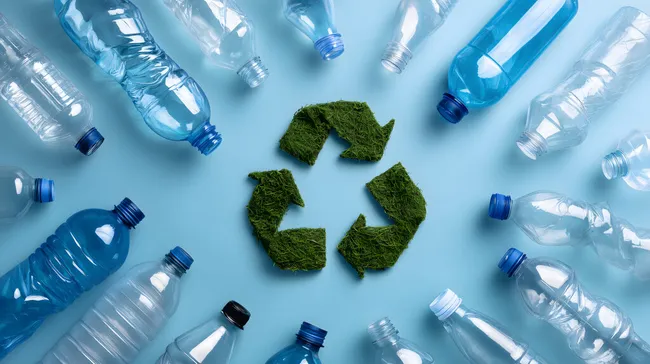 Recyclinglogo aus Gras umgeben von Plastikflaschen