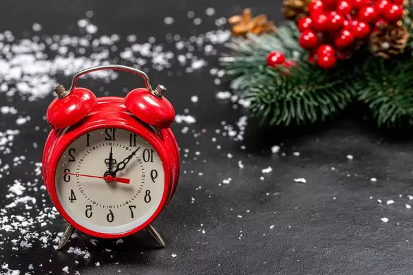 Red alarm clock on black background with snow and tree branches (Flip 2019)