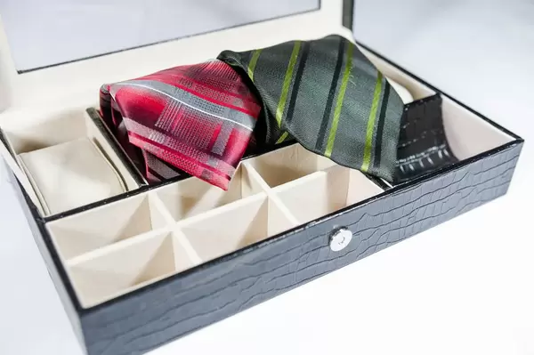 Red and green ties in a small box organizer