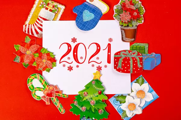 Red christmas background with traditional symbols