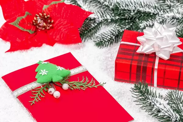 Red Christmas Card with Present and Branches