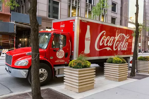 Red Coca Cola truck parked in a street in Downtown Chicago