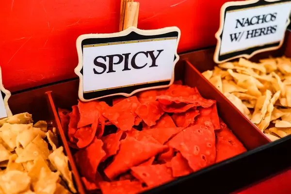 Red spicy nachos for free tasting