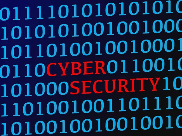 Red Text Cyber Security between Blue Binary Code Data on Screen