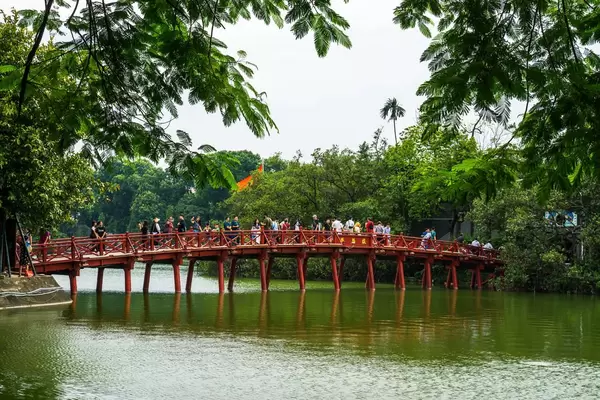 Red Wooden Bridge on Hoan Kiem Lake in Hanoi