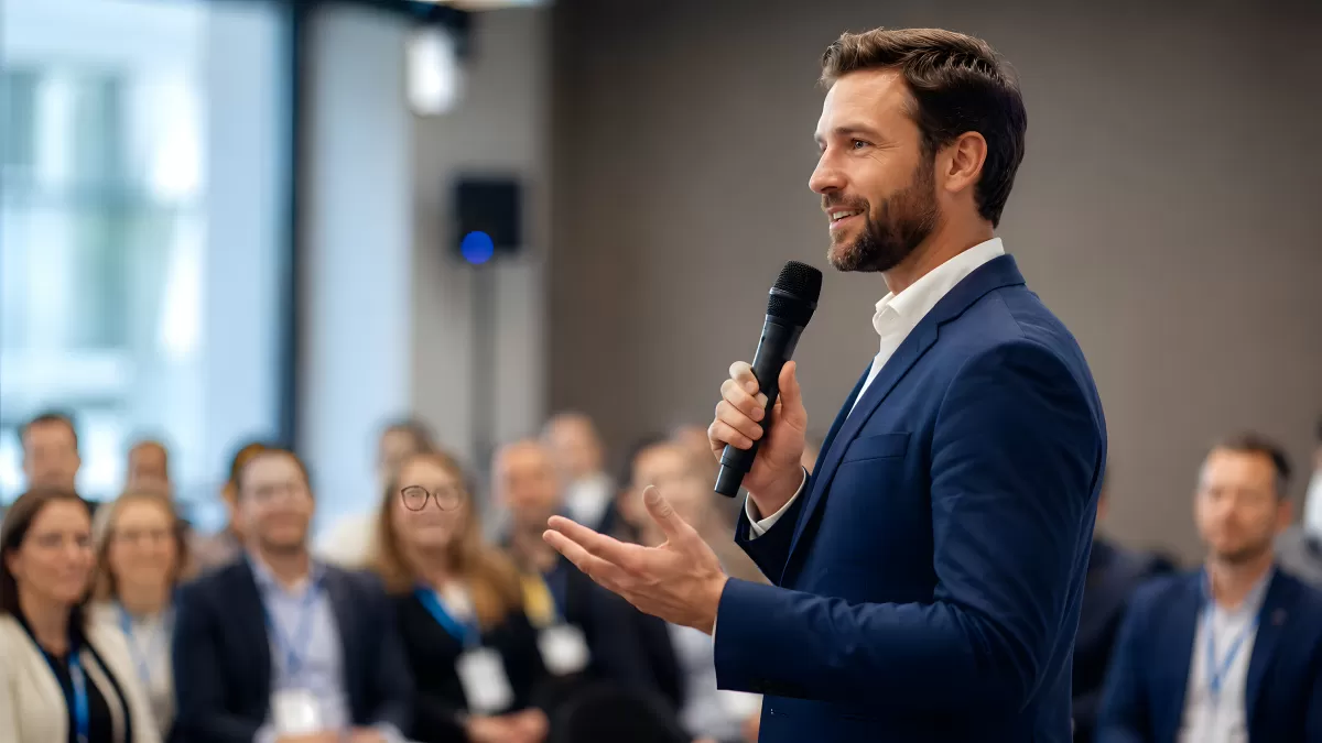 Redner mit Mikrofon spricht vor Publikum auf Konferenz