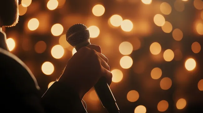 Redner mit Mikrofon vor warmen Bokeh-Lichtern