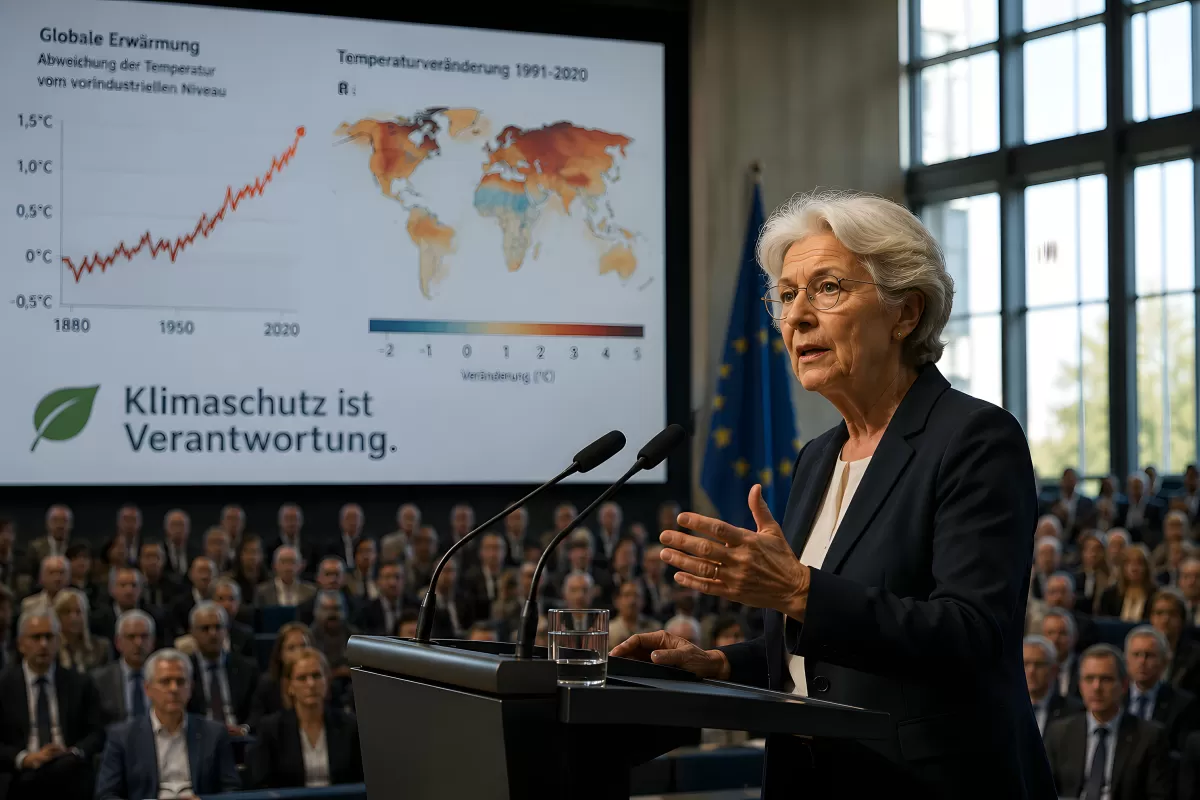 Rednerin präsentiert Klimadaten vor EU-Publikum