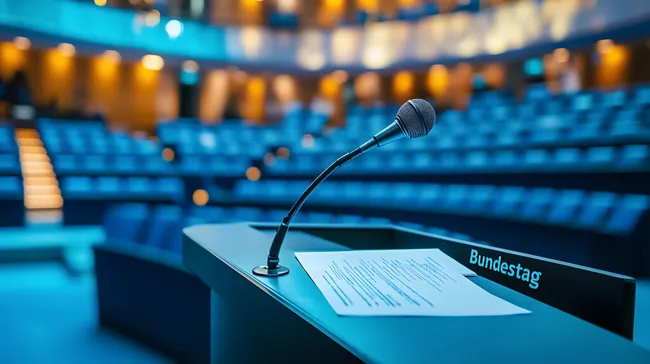 Rednerpult mit Mikrofon im leeren Plenarsaal