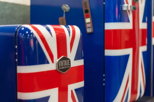 Refrigerators of different sizes with Union Jack UK flags by Vintage Industries