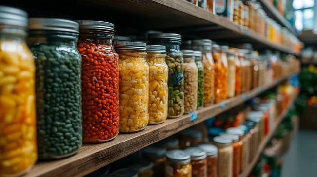 Regale mit bunten Lebensmittelprodukten in einem Geschäft