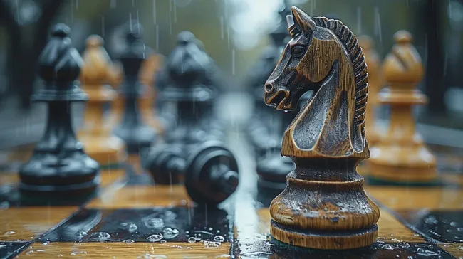 Regen über Schachbrettmuster mit Holzfiguren