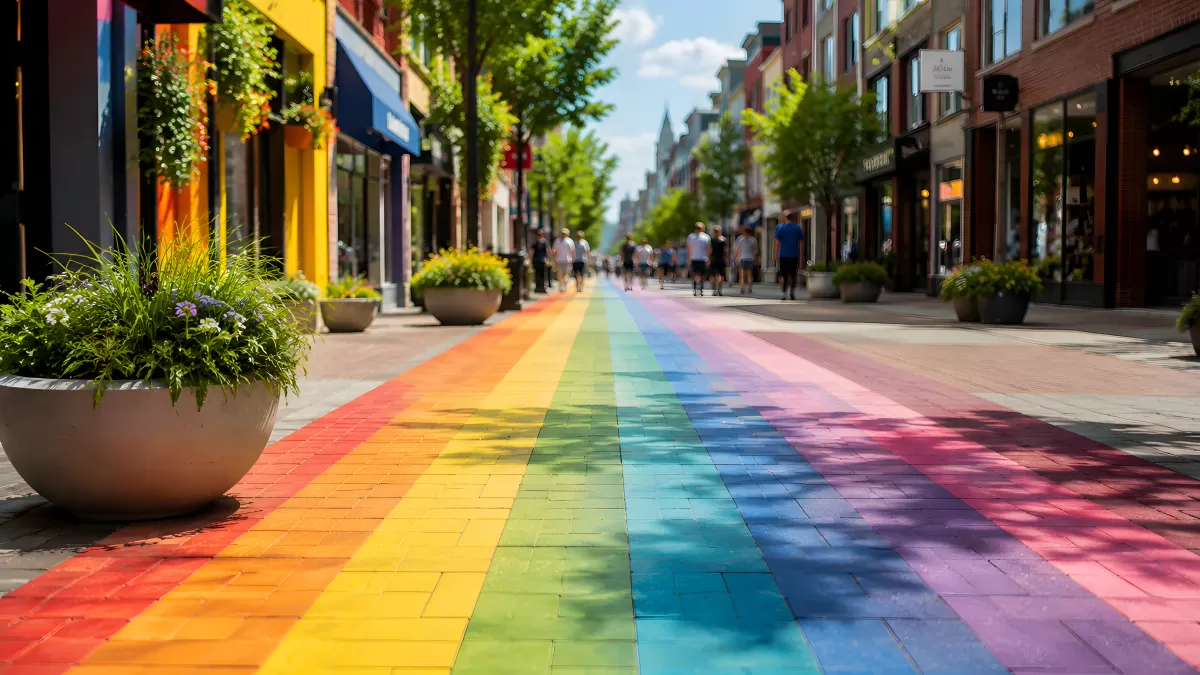 Regenbogen-Fußgängerzone mit buntem Pflaster im Sommer