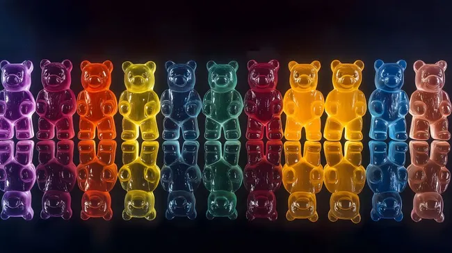 Regenbogen-Gummibärchen-Reihe auf schwarzem Hintergrund