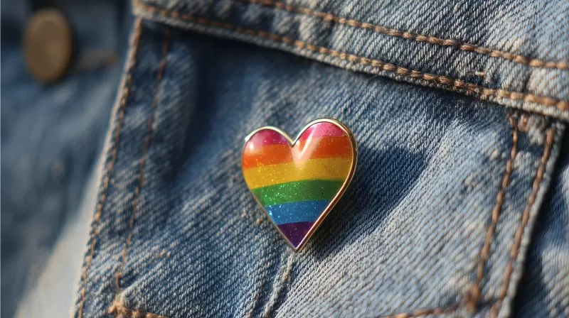 Regenbogen-Herz-Pin auf Jeansjacke mit Glitzereffekt