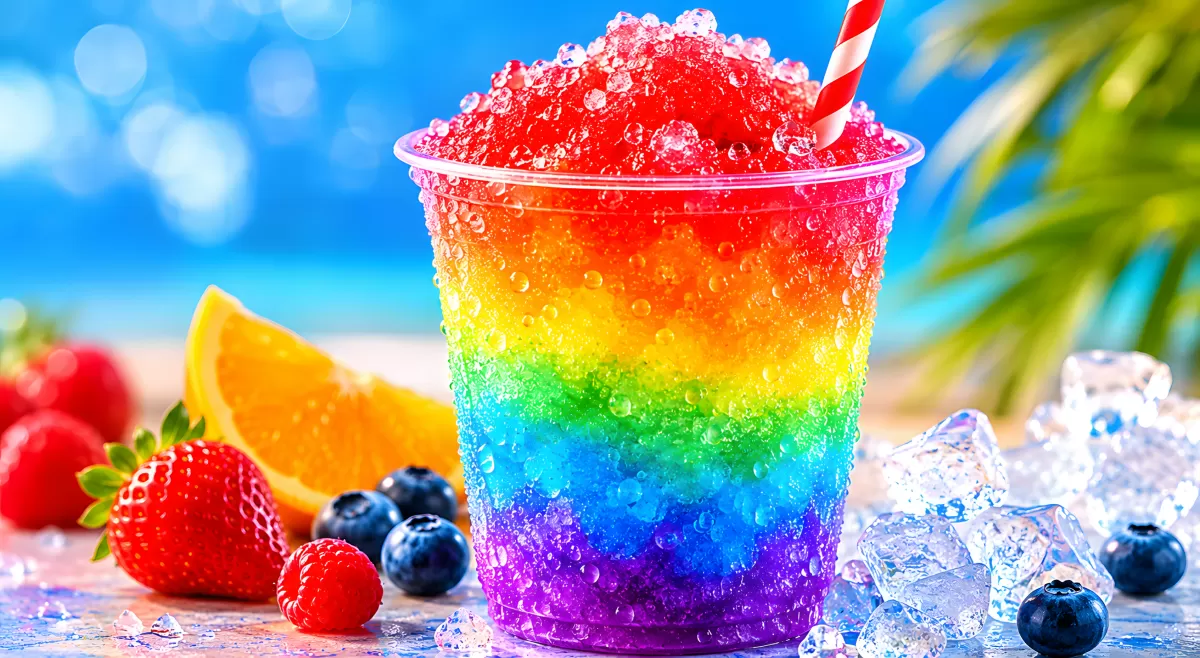Regenbogen-Slushie mit Früchten im Sommerambiente