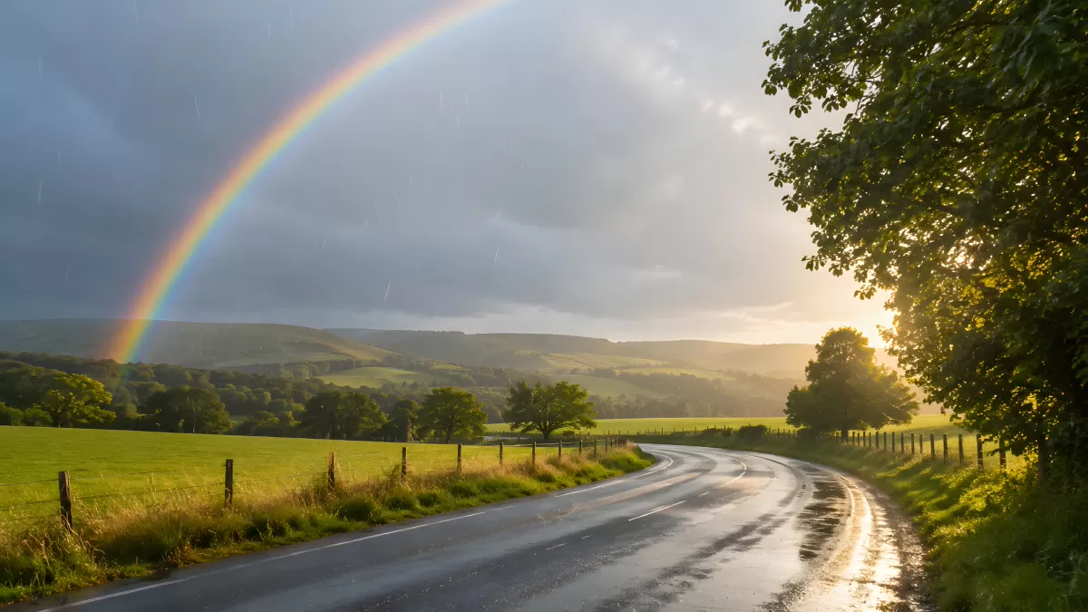 Regenbogen über nasser Landstraße im Sommerregen