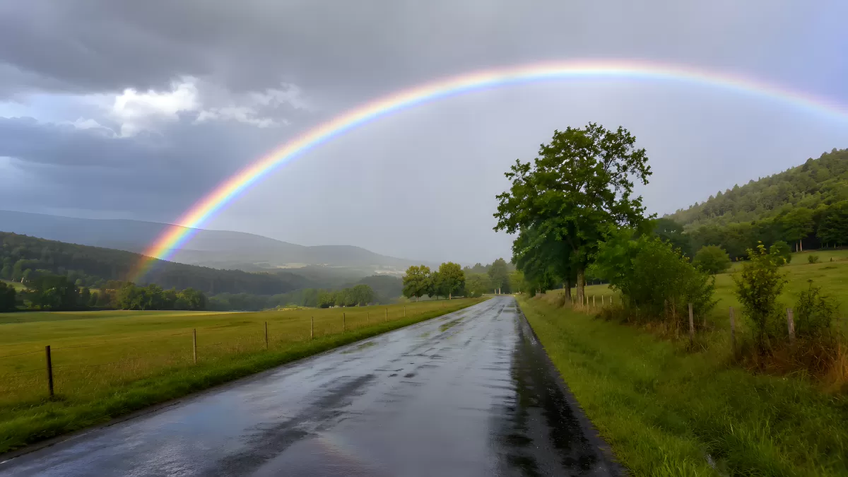 Regenbogen über nasser Landstraße mit grünen Wiesen