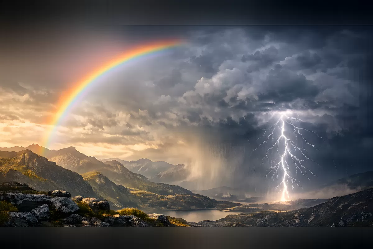 Regenbogen und Blitz über Bergsee bei Gewitter