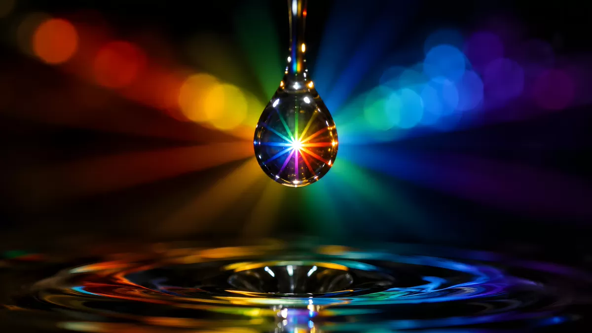 Regenbogen-Wassertropfen mit Lichtbrechung in Makro