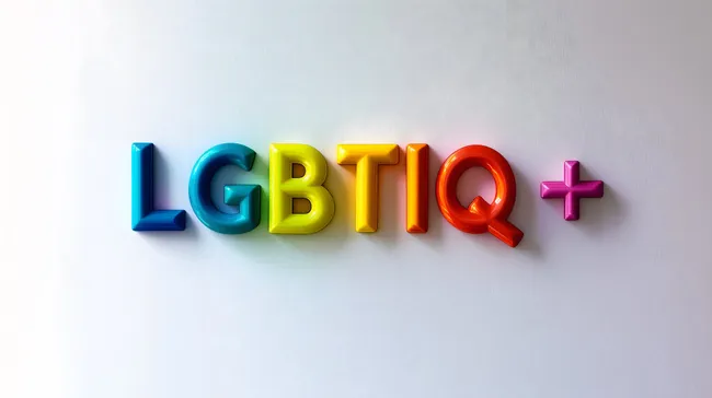 Regenbogenbunte LGBTIQ+ Buchstaben auf Weiß